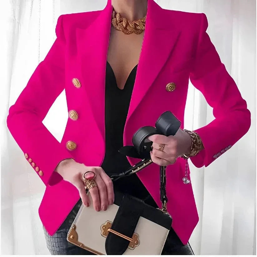 Women's Double-Breasted Blazer with Gold Buttons - Black