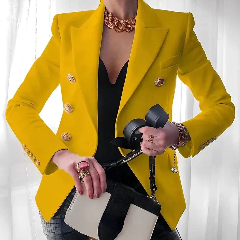 Women's Double-Breasted Blazer with Gold Buttons - Black