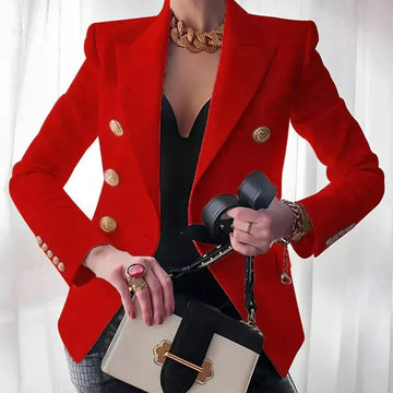 Women's Double-Breasted Blazer with Gold Buttons - Black
