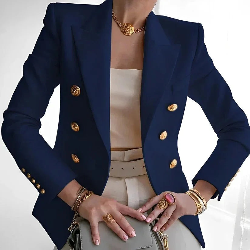 Women's Double-Breasted Blazer with Gold Buttons - Black