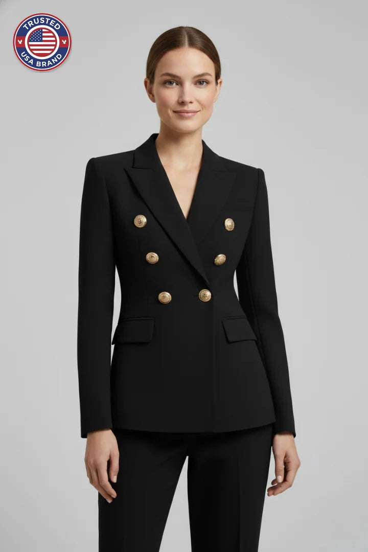 Women’s Double-Breasted Blazer with Gold-Tone Button Details - Black