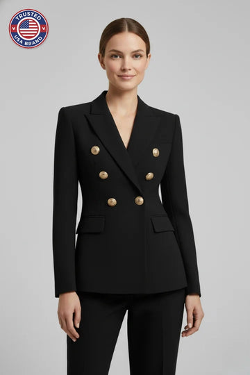 Women’s Double-Breasted Blazer with Gold-Tone Button Details - Black