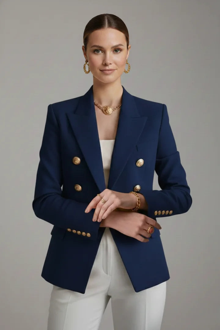 Women’s Double-Breasted Blazer with Gold-Tone Button Details - Black