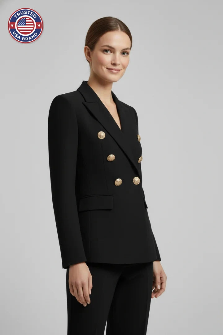 Women’s Double-Breasted Blazer with Gold-Tone Button Details - Black