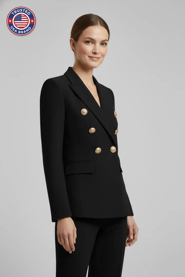 Women’s Double-Breasted Blazer with Gold-Tone Button Details - Black