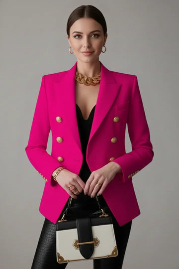 Women’s Double-Breasted Blazer with Gold-Tone Button Details - Black