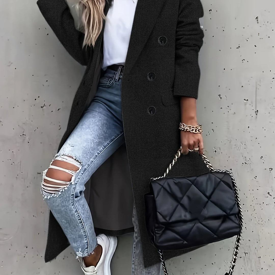 Women's double-breasted longline winter coat in Black