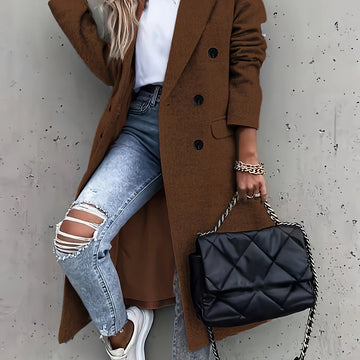 Women's double-breasted longline winter coat in Caramel