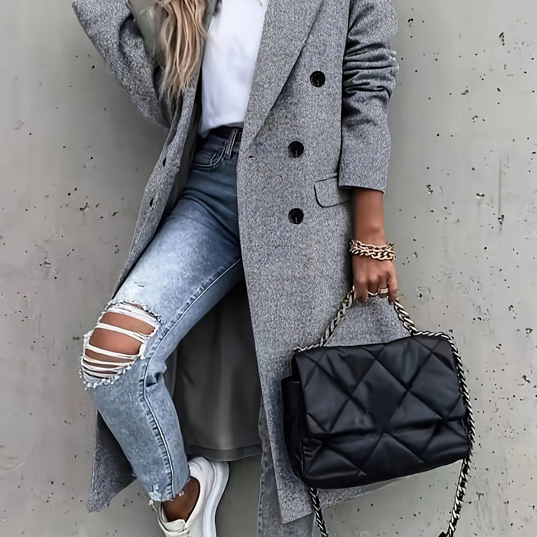 Women's double-breasted longline winter coat in Grey