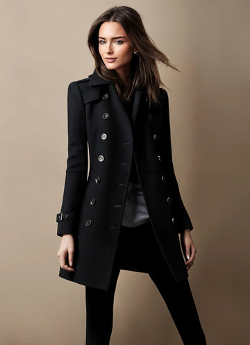 Women's double-breasted winter trench coat with tailored fit in Black