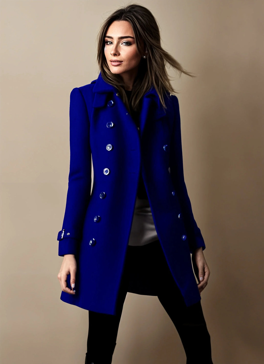 Women's double-breasted winter trench coat with tailored fit in Blue