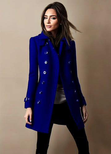 Women's double-breasted winter trench coat with tailored fit in Blue
