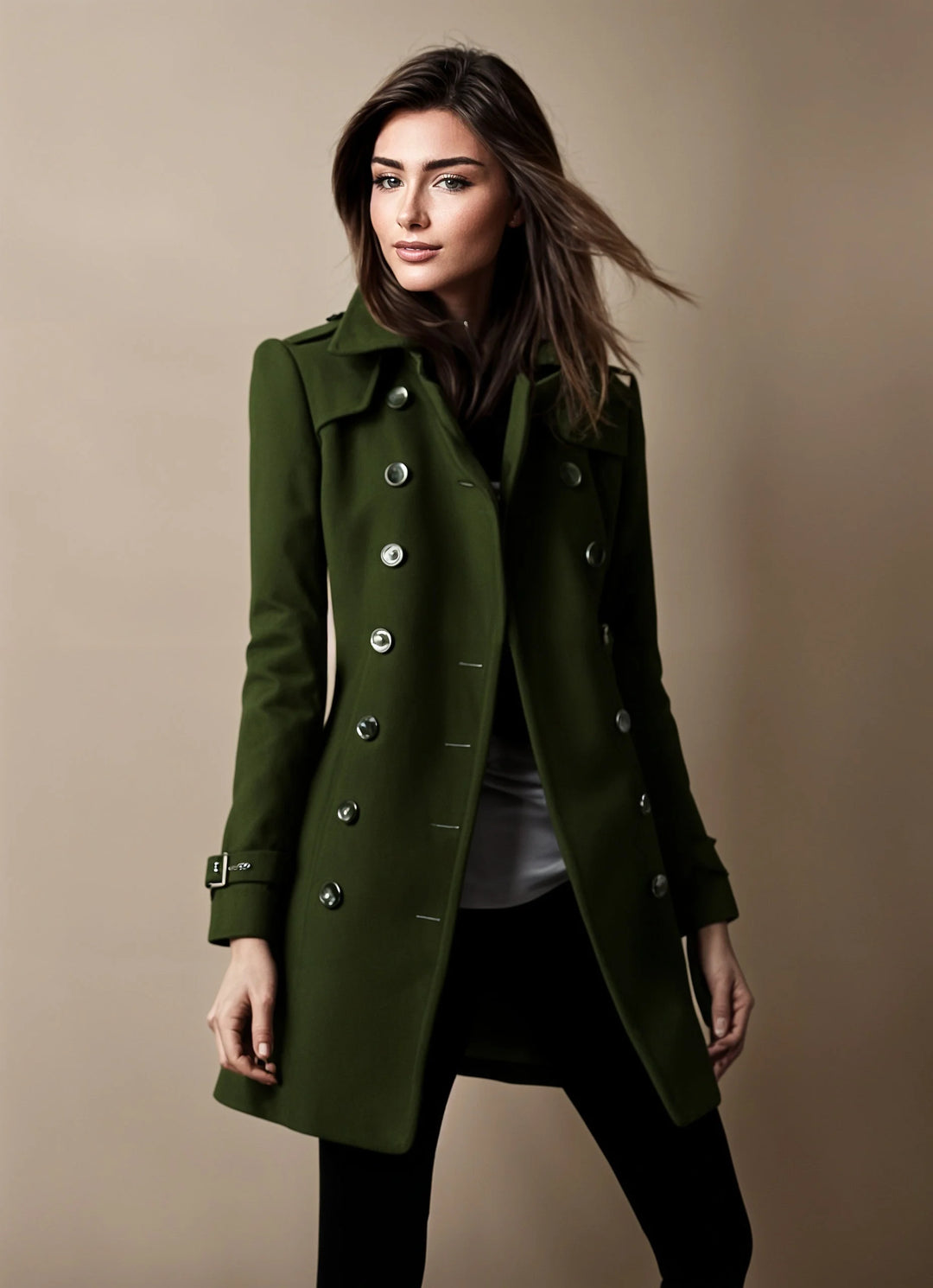 Women's double-breasted winter trench coat with tailored fit in Green