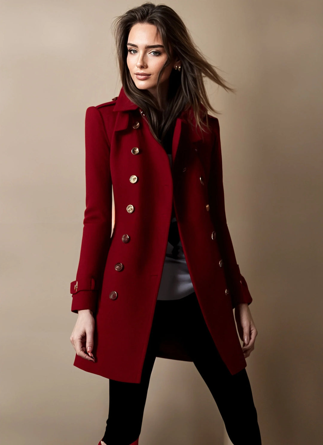 Women's double-breasted winter trench coat with tailored fit in Red