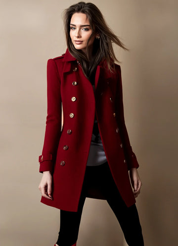 Women's double-breasted winter trench coat with tailored fit in Red
