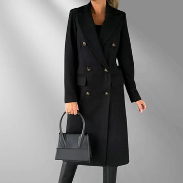 Women's double-breasted wool-blend longline winter coat in Black