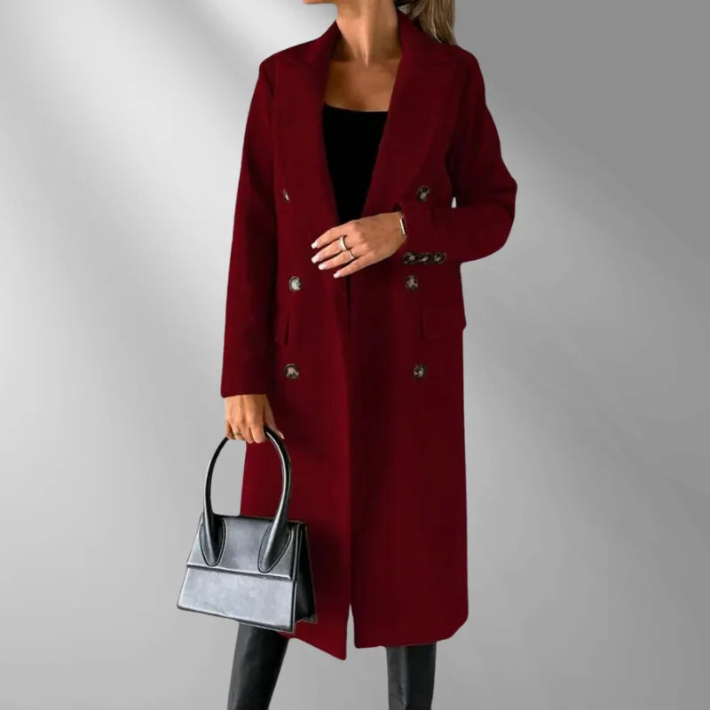 Women's double-breasted wool-blend longline winter coat in Burgundy