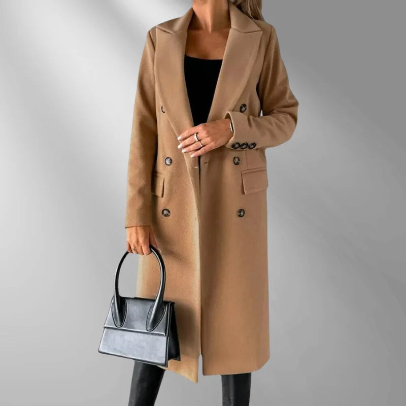 Women's double-breasted wool-blend longline winter coat in Khaki