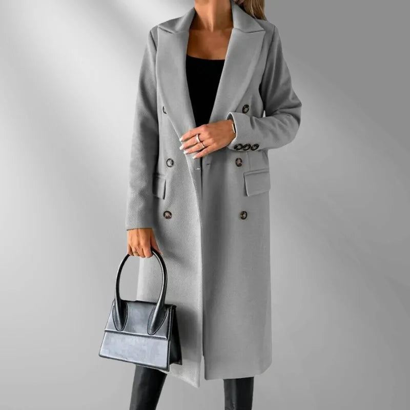 Women's double-breasted wool-blend longline winter coat in Light Grey