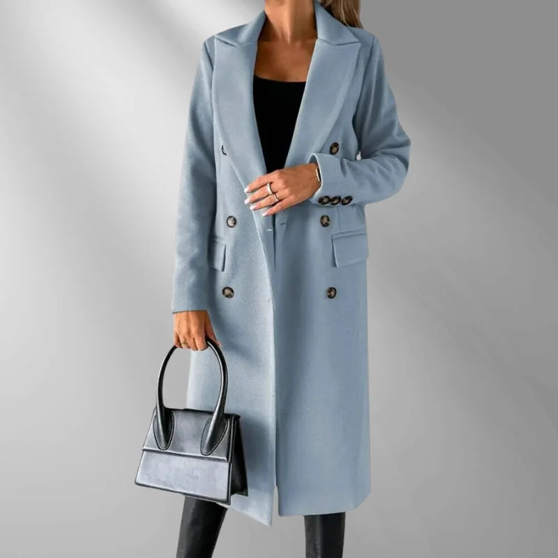 Women's double-breasted wool-blend longline winter coat in Sky Blue