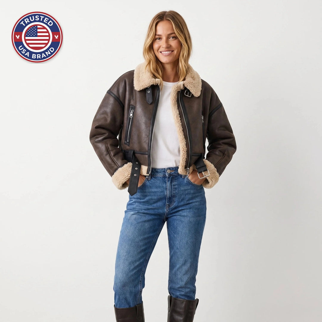 Women's Double-Sided Shearling Bomber Jacket - Brown