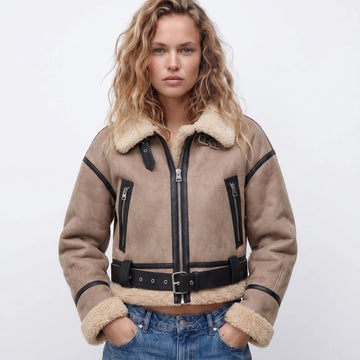 Women's Double-Sided Shearling Bomber Jacket - Brown
