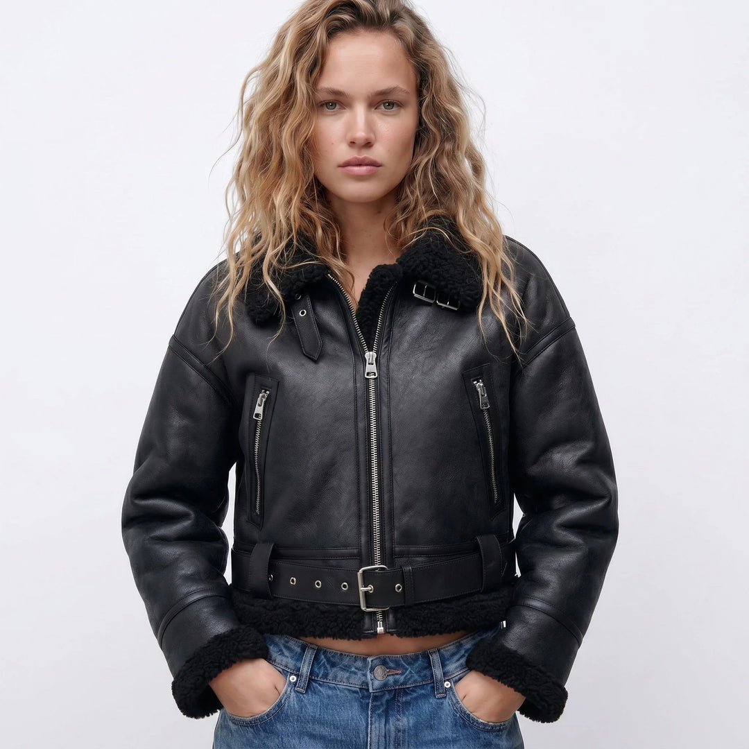 Women's Double-Sided Shearling Bomber Jacket - Brown