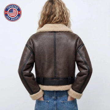 Women's Double-Sided Shearling Bomber Jacket - Brown