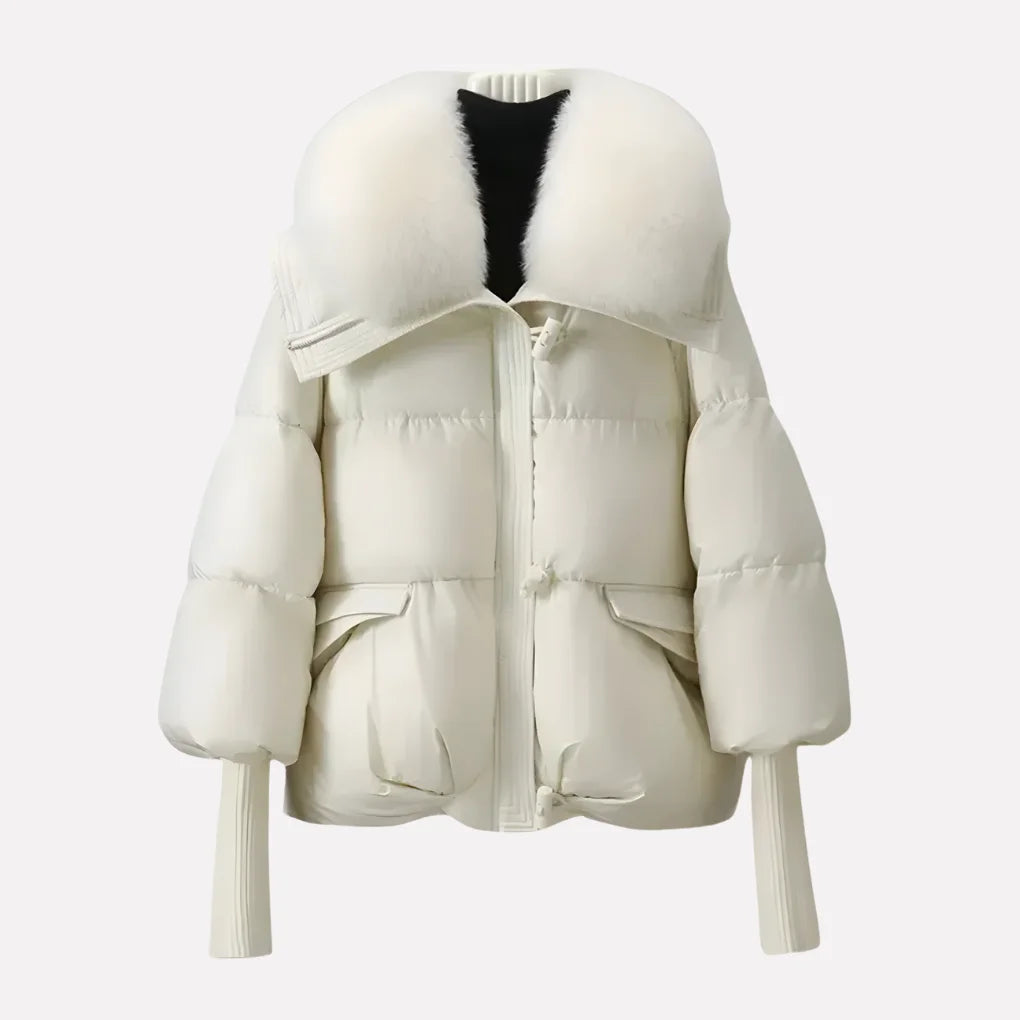 Women's faux fur collar winter puffer jacket with ribbed cuffs in Beige