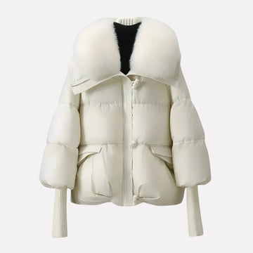 Women's faux fur collar winter puffer jacket with ribbed cuffs in Beige