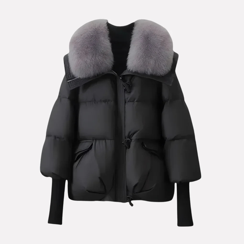 Women's faux fur collar winter puffer jacket with ribbed cuffs in Black