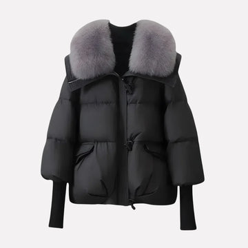 Women's faux fur collar winter puffer jacket with ribbed cuffs in Black