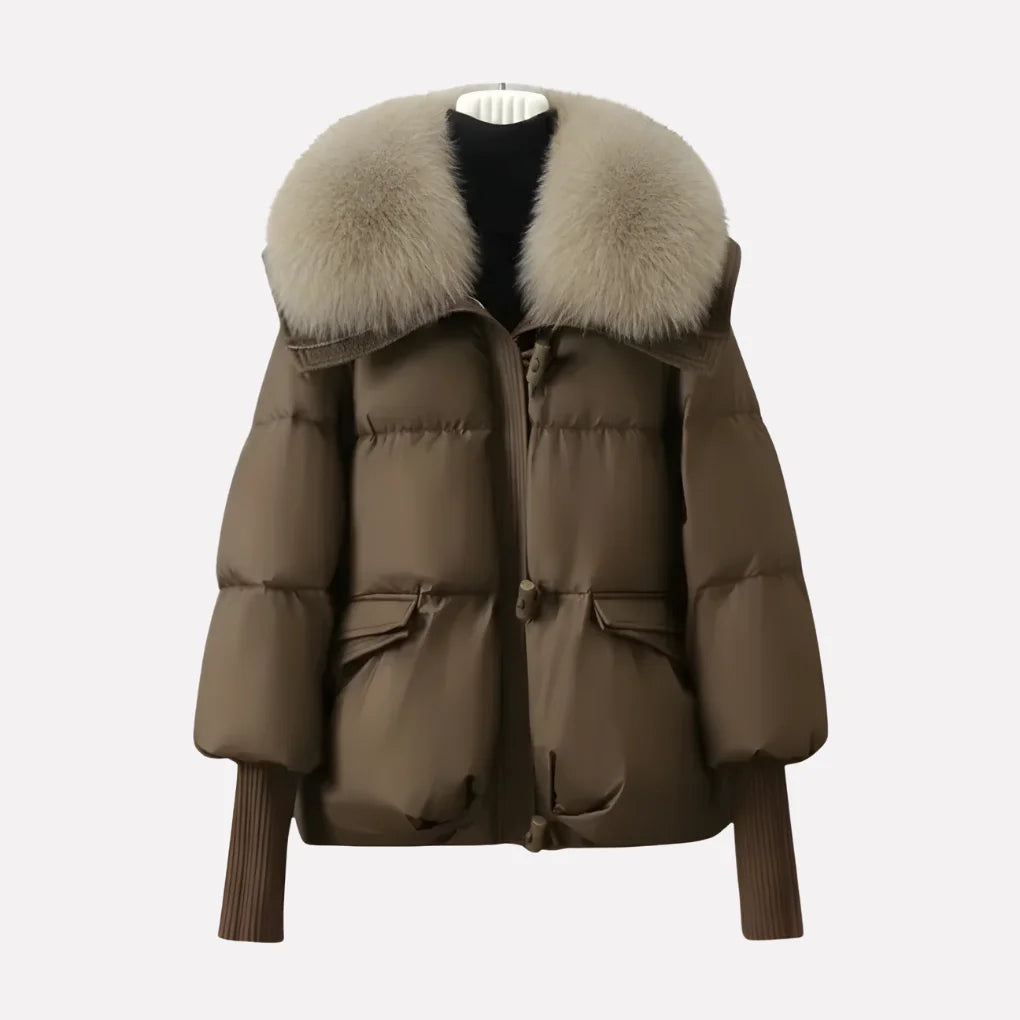 Women's faux fur collar winter puffer jacket with ribbed cuffs in Brown