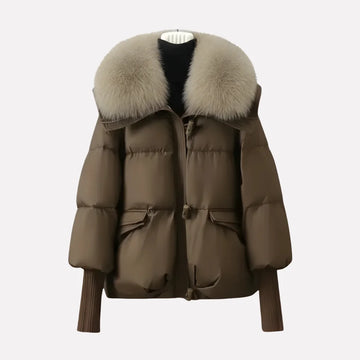 Women's faux fur collar winter puffer jacket with ribbed cuffs in Brown