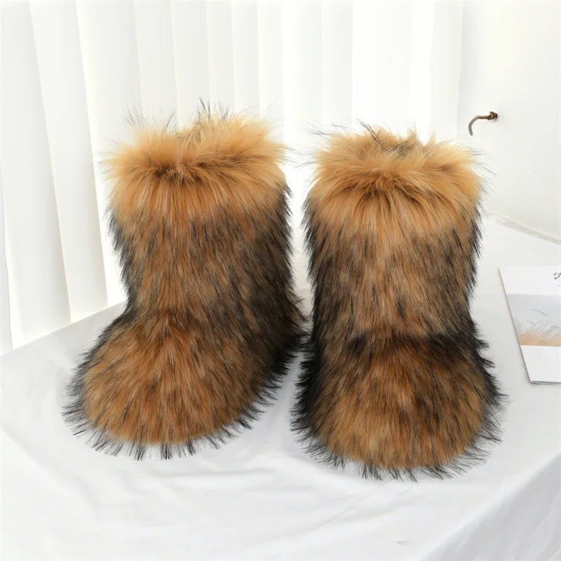 Women's faux fur winter snow boots in Faux Raccoon Fur