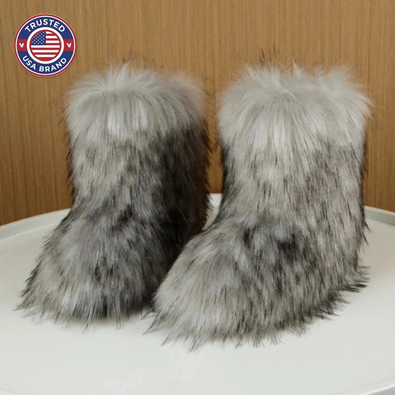 Women's faux fur winter snow boots in Faux Raccoon Fur