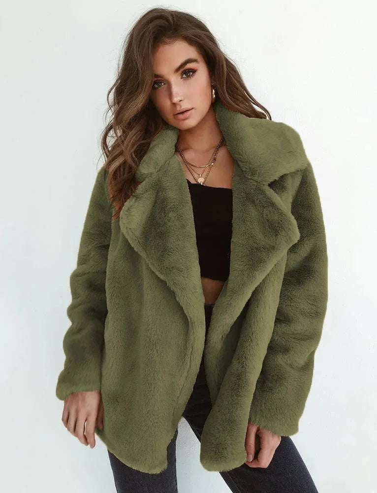 Women's faux fur winter teddy jacket with wide lapel collar in Army Green