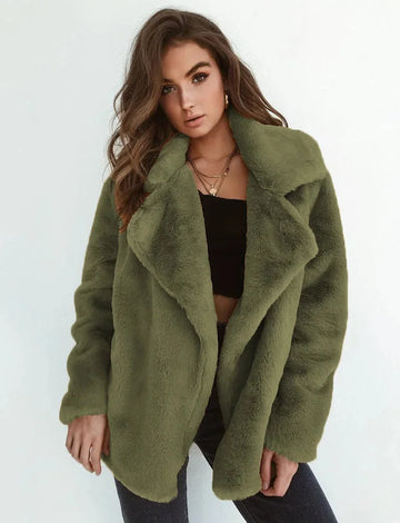 Women's faux fur winter teddy jacket with wide lapel collar in Army Green