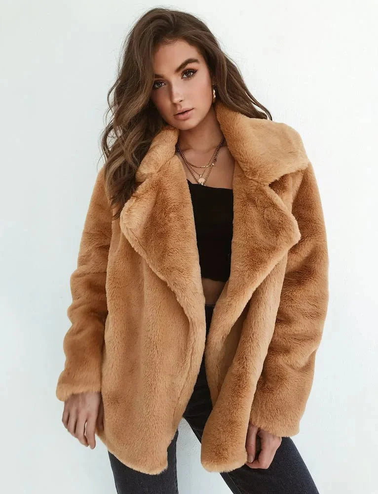 Women's faux fur winter teddy jacket with wide lapel collar in Camel
