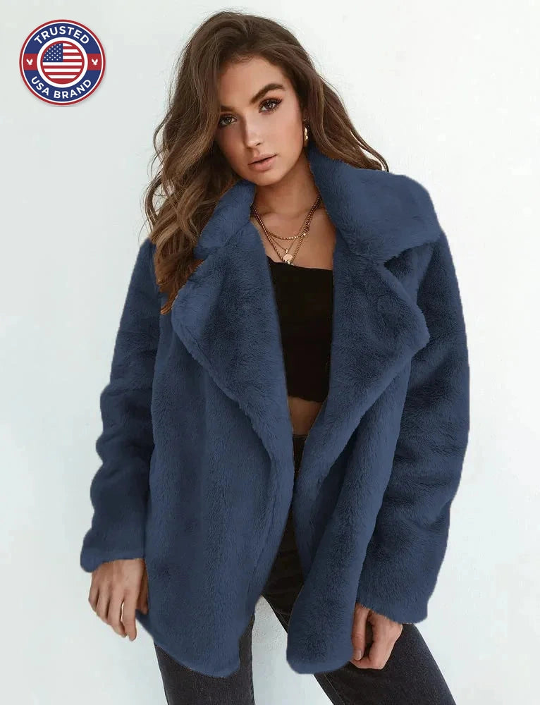 Women's faux fur winter teddy jacket with wide lapel collar