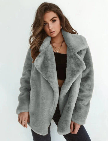 Women's faux fur winter teddy jacket with wide lapel collar in Grey