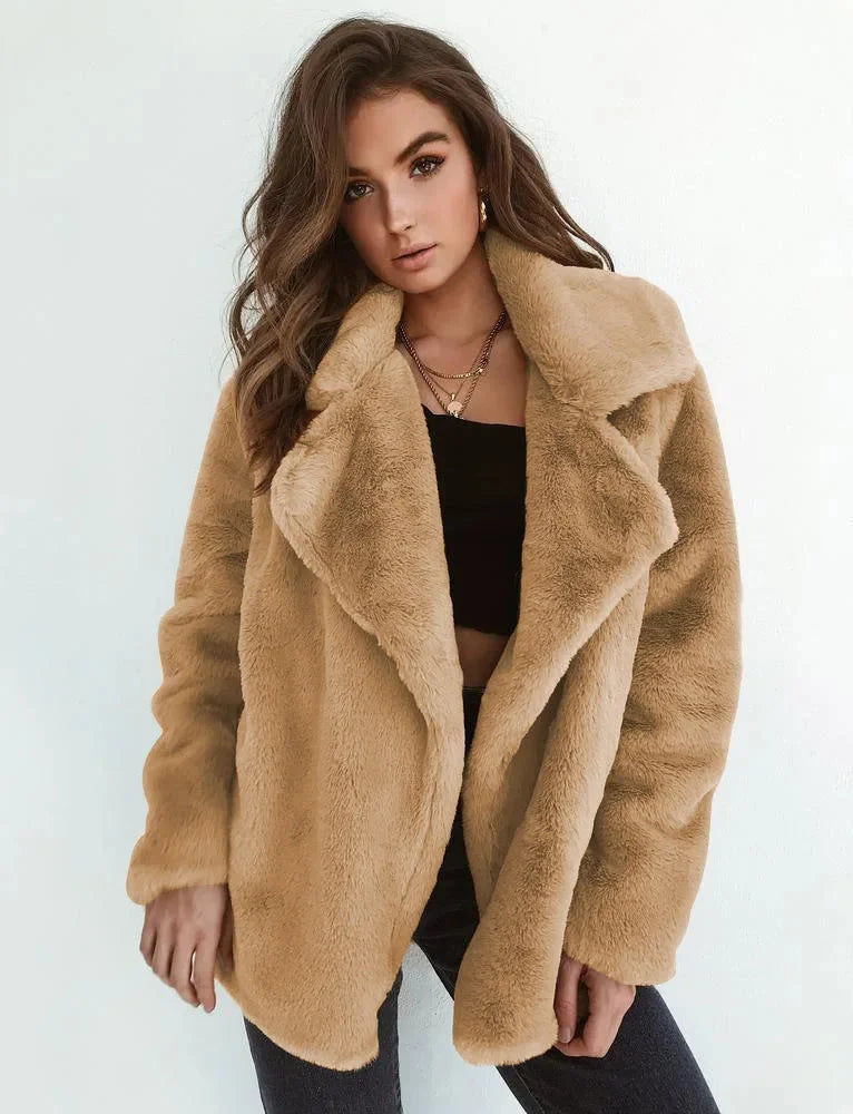 Women's faux fur winter teddy jacket with wide lapel collar in Khaki