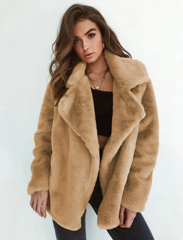 Women's faux fur winter teddy jacket with wide lapel collar in Khaki