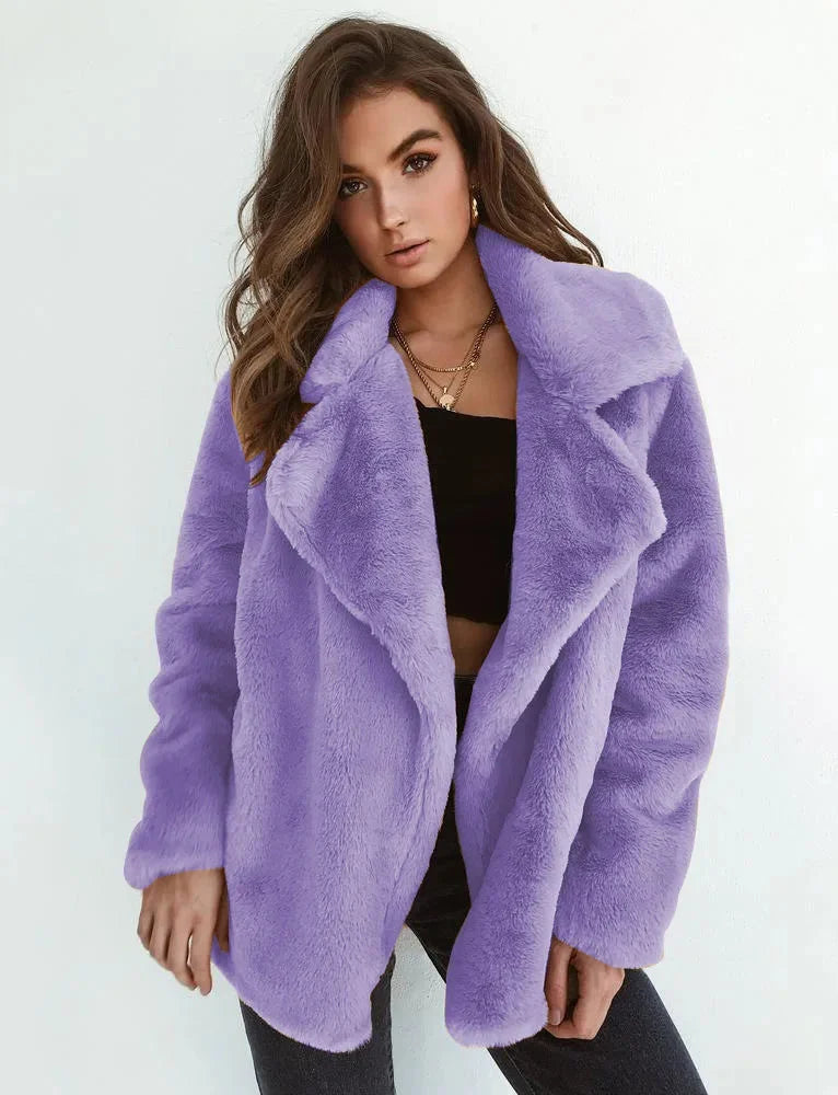 Women's faux fur winter teddy jacket with wide lapel collar in Lavender