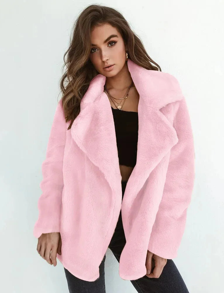 Women's faux fur winter teddy jacket with wide lapel collar in Pink
