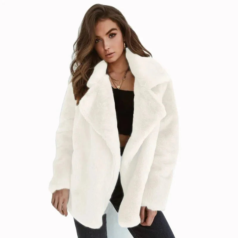 Women's faux fur winter teddy jacket with wide lapel collar in White