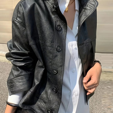 Women's button-front faux leather winter bomber jacket in Black
