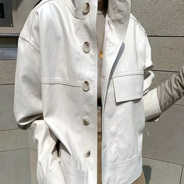 Women's button-front faux leather winter bomber jacket in Cream