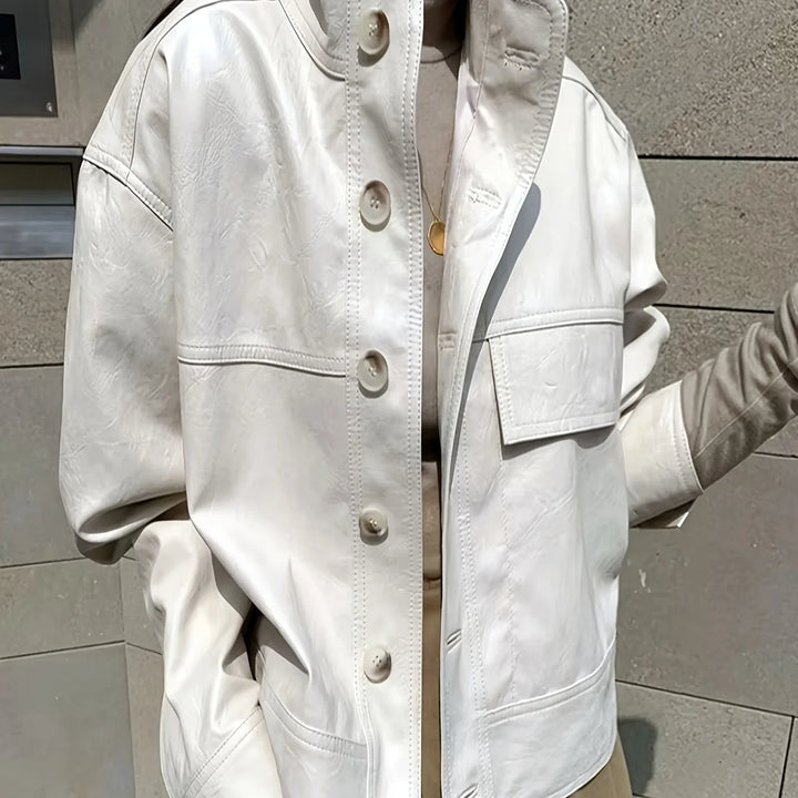 Women's button-front faux leather winter bomber jacket in Cream
