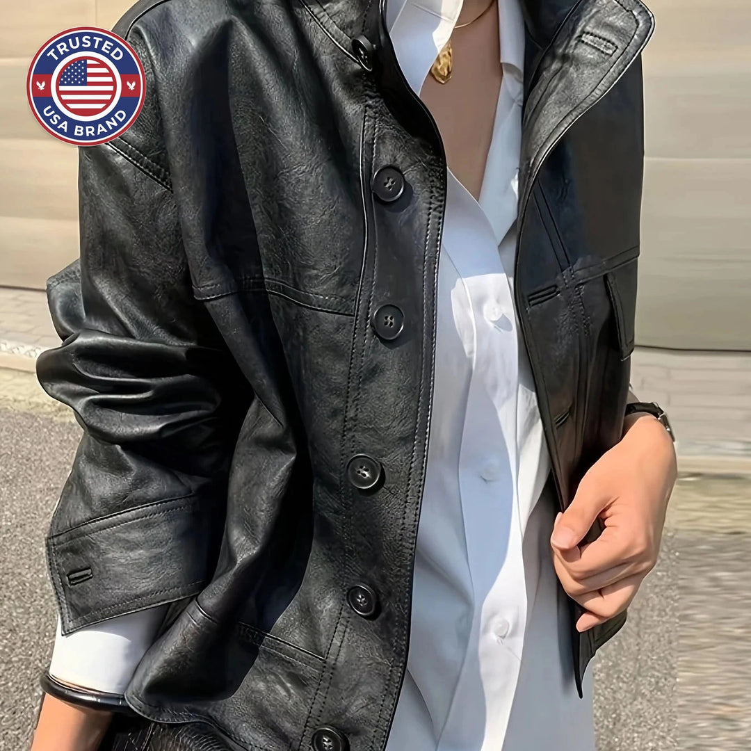 Women's button-front faux leather winter bomber jacket in Cream